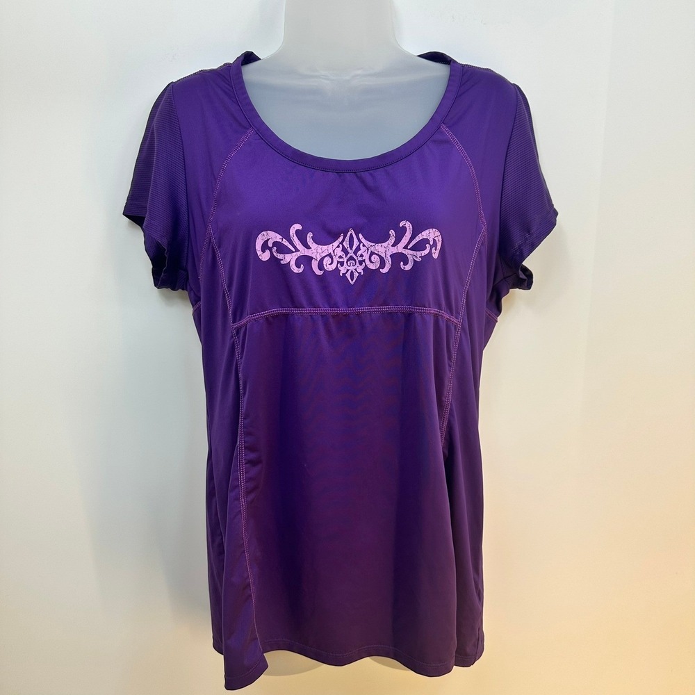 Athleta Womens Purple Short Sleeve Mesh Back Performance Top Zipper Pocket